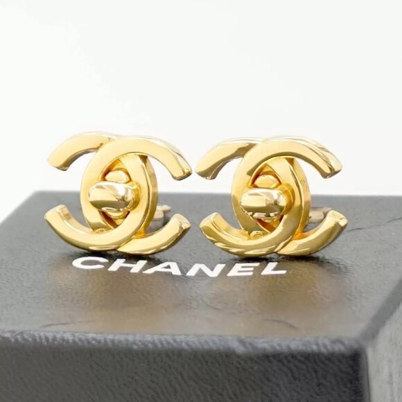 CHANEL Turnlock CC logos Clip-On Earrings Gold Tone 95A Auth w/Box #24451 - Picture 1 of 16